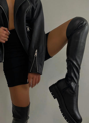Black Faux Leather Over The Knee Thigh High Long Biker Boot