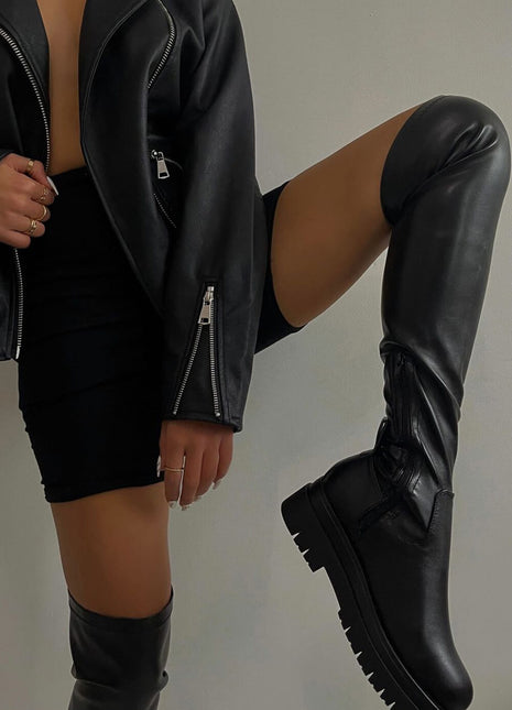 Black Faux Leather Over The Knee Thigh High Long Biker Boot