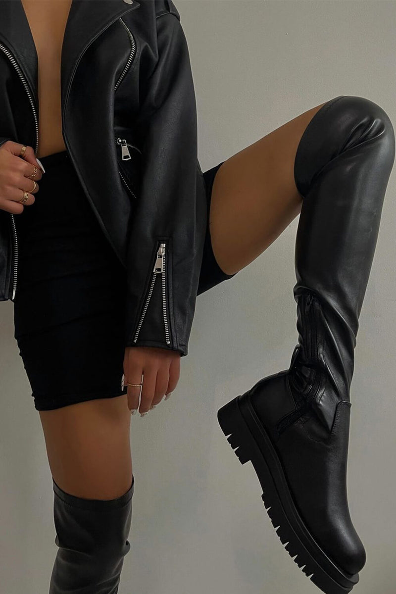 Black Faux Leather Over The Knee Thigh High Long Biker Boot