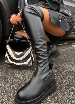 Black Faux Leather Over The Knee Thigh High Long Biker Boot