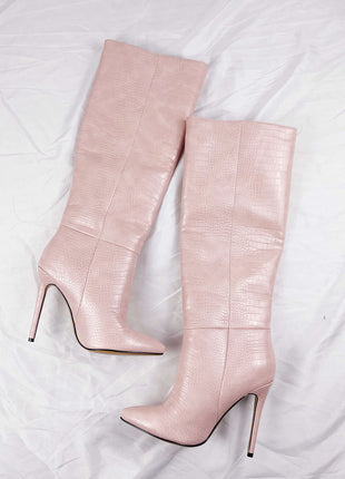 Pink Crocodile-Effect Knee High Pointed Stiletto Heel Boots