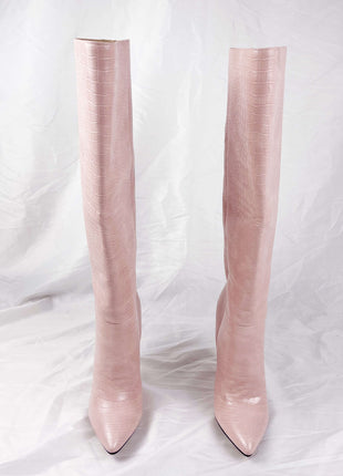 Pink Crocodile-Effect Knee High Pointed Stiletto Heel Boots