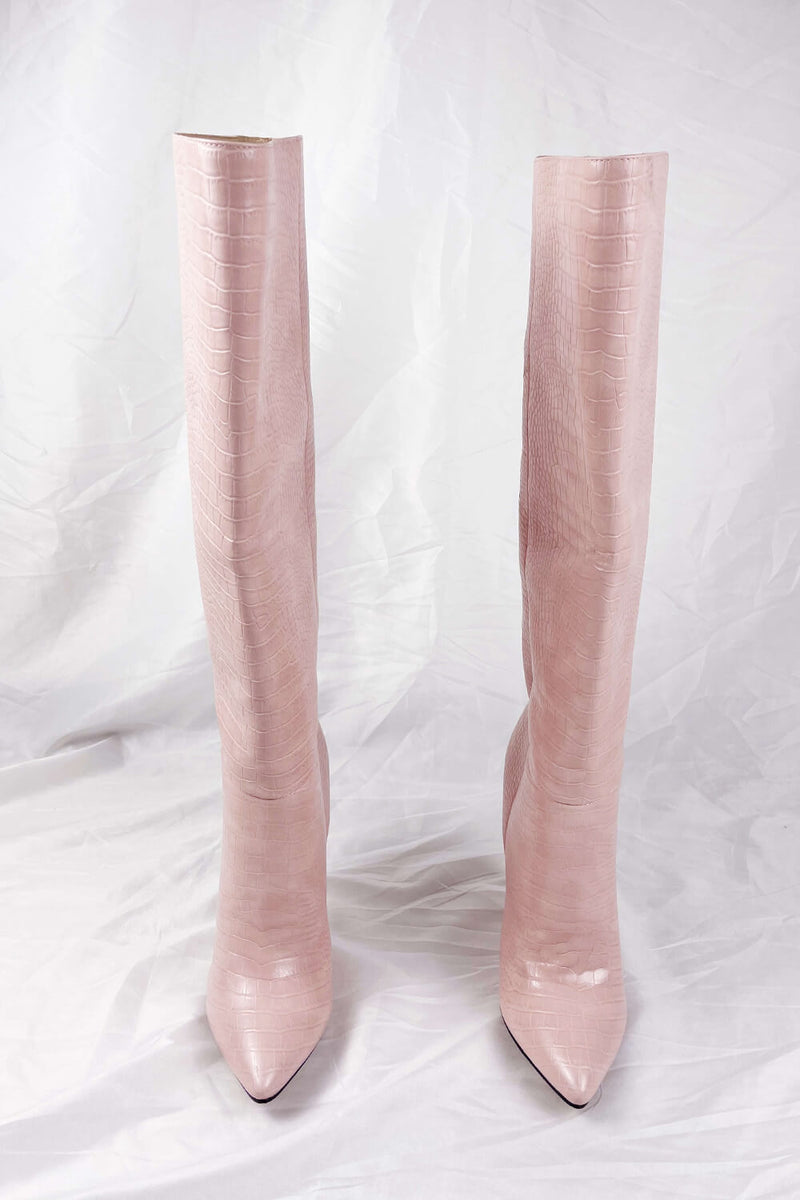 Pink Crocodile-Effect Knee High Pointed Stiletto Heel Boots