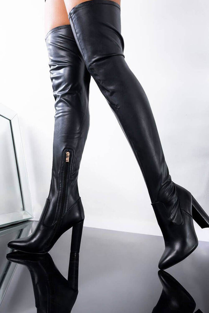 Stringed High Boot Thigh High Black Leather Boots For Women