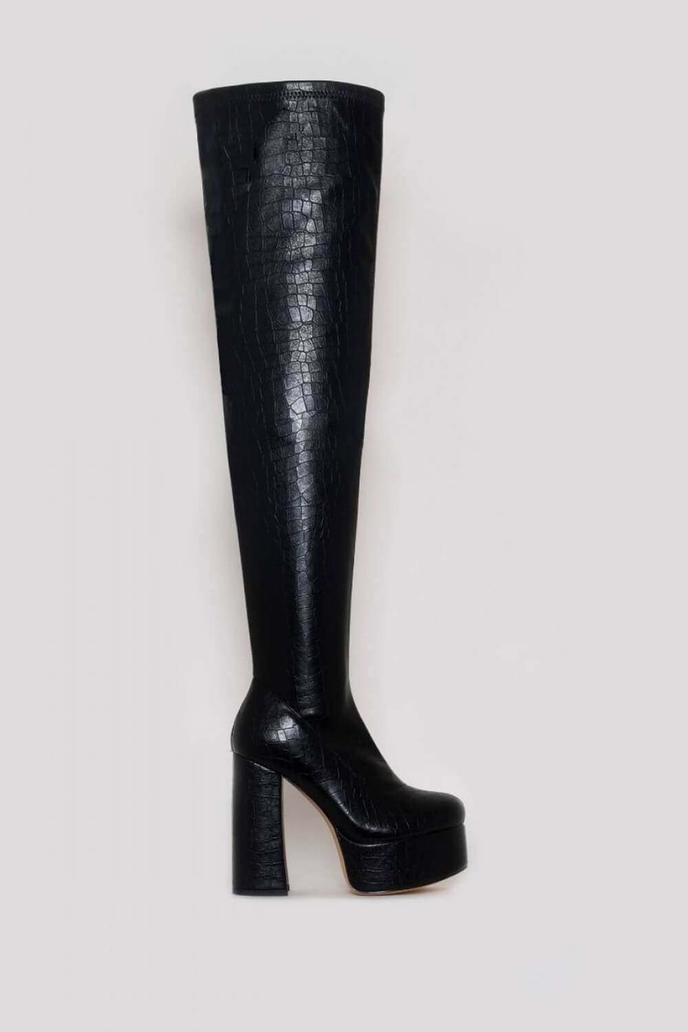 Black Faux Croc Print Platform Block Heel Thigh High Boots
