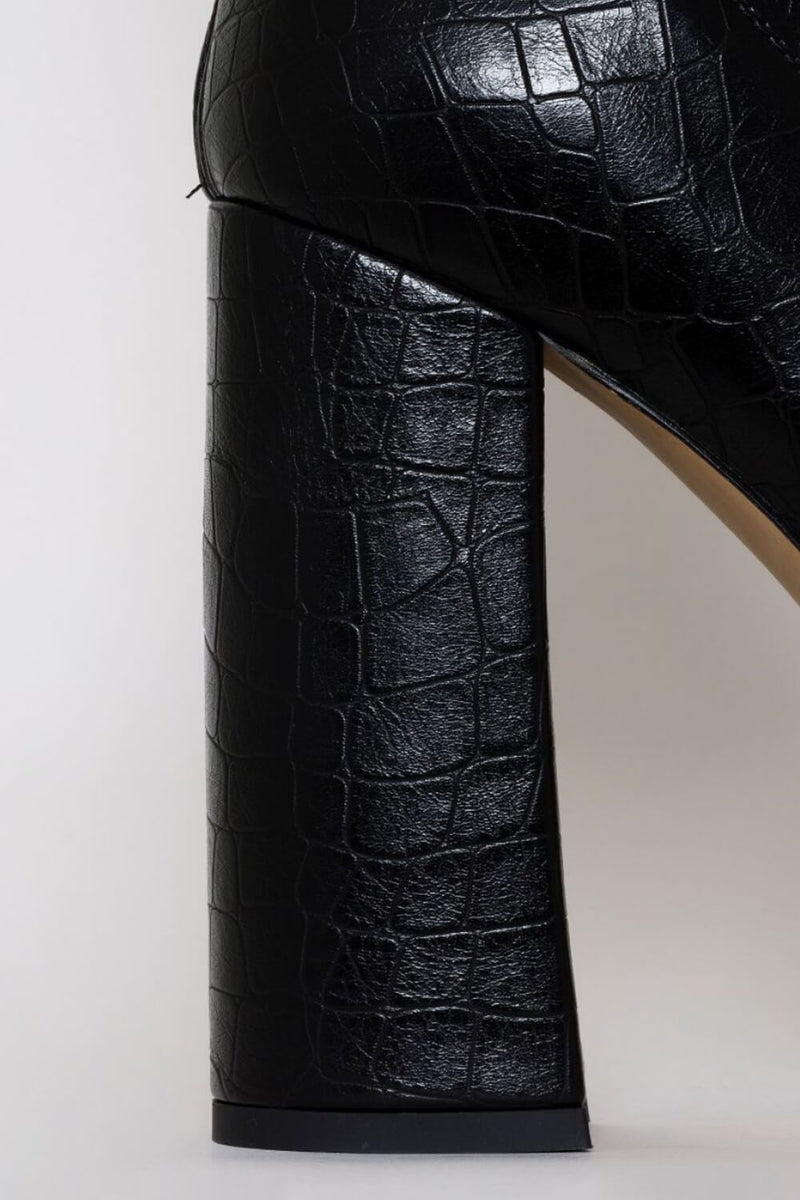 Black Faux Croc Print Platform Block Heel Thigh High Boots