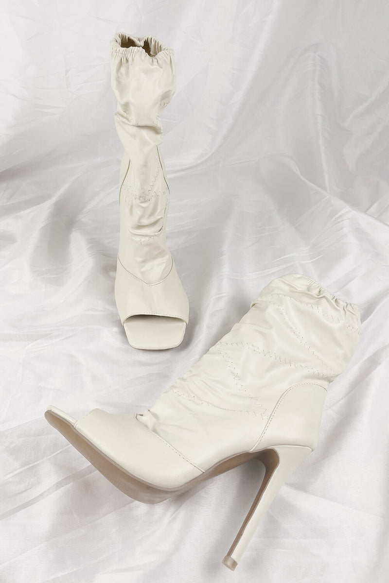 Cream Ruched Peep Toe Stiletto Ankle Boots