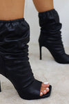 Black Ruched Peep Toe Stiletto Ankle Boots
