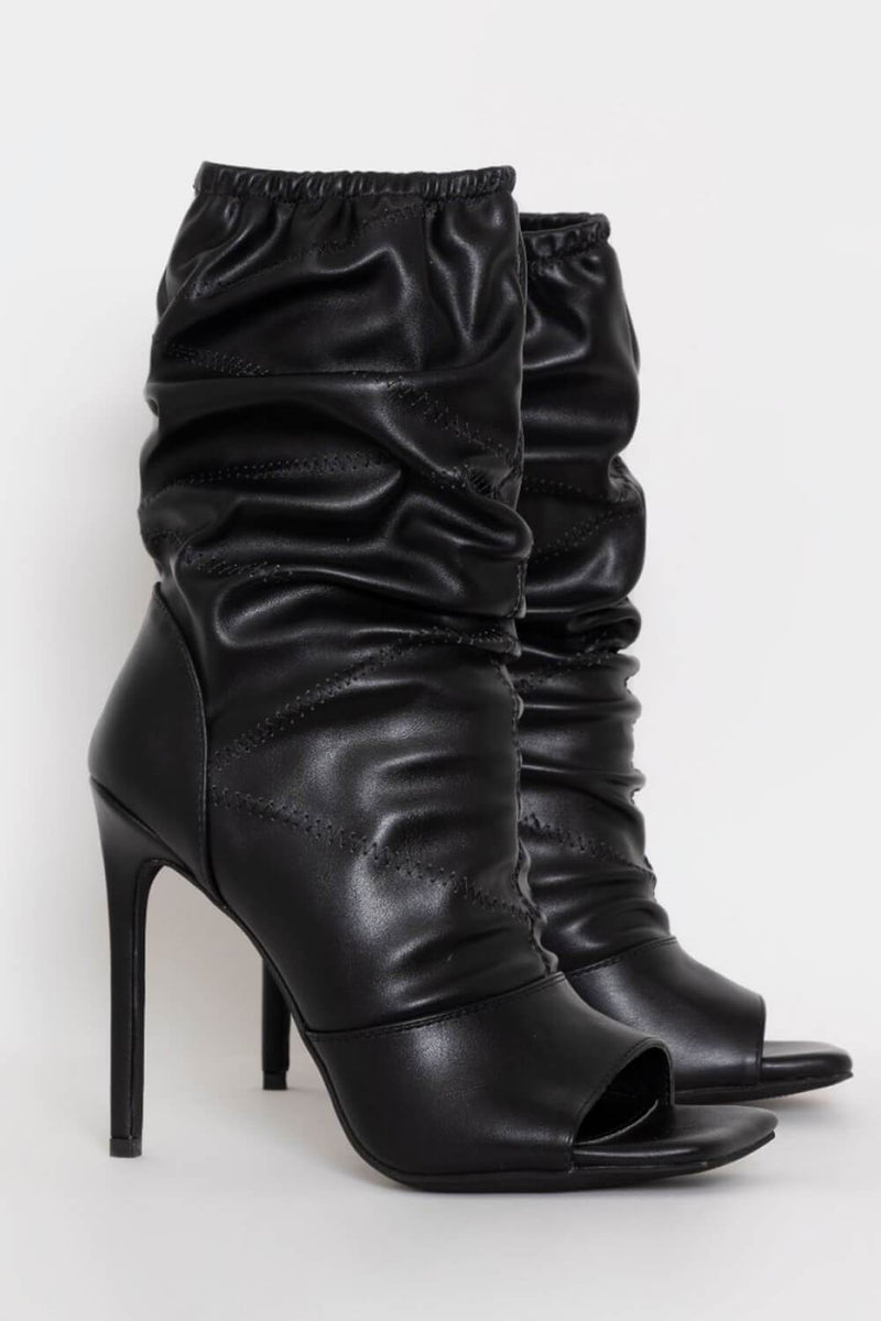 Black Ruched Peep Toe Stiletto Ankle Boots