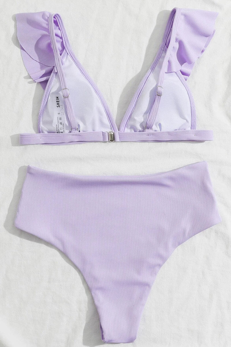 Lilac Ribbed Flutter Sleeve Plunge Triangle Bikini Top