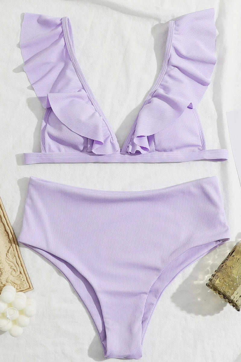 Lilac Ribbed Flutter Sleeve Plunge Triangle Bikini Top