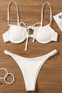 White Ribbed Tie Front Underwire Bikini Top