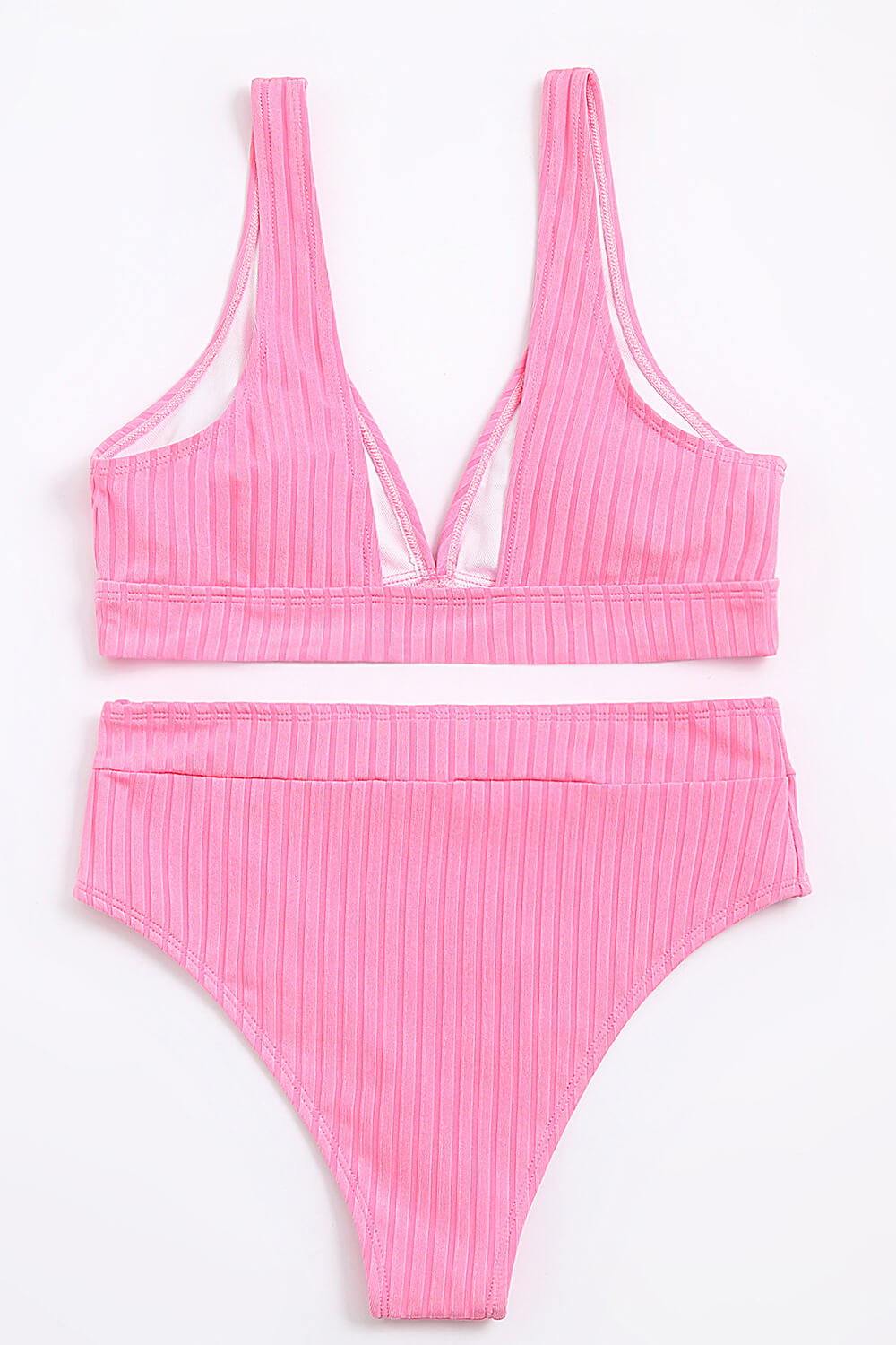 Pink Ribbed Plunge Crop Bikini Top