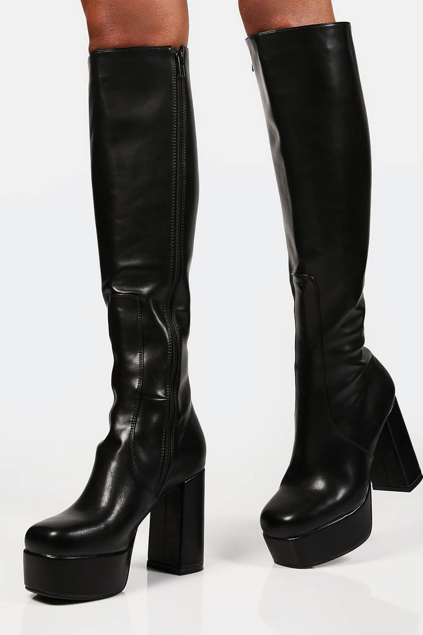 Black Chunky Platform Block Heel Knee High Boots – FloralKini