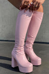 Pink Chunky Platform Block Heel Knee High Boots