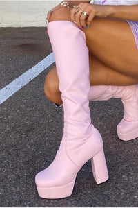 Pink Chunky Platform Block Heel Knee High Boots