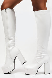 White Chunky Platform Block Heel Knee High Boots