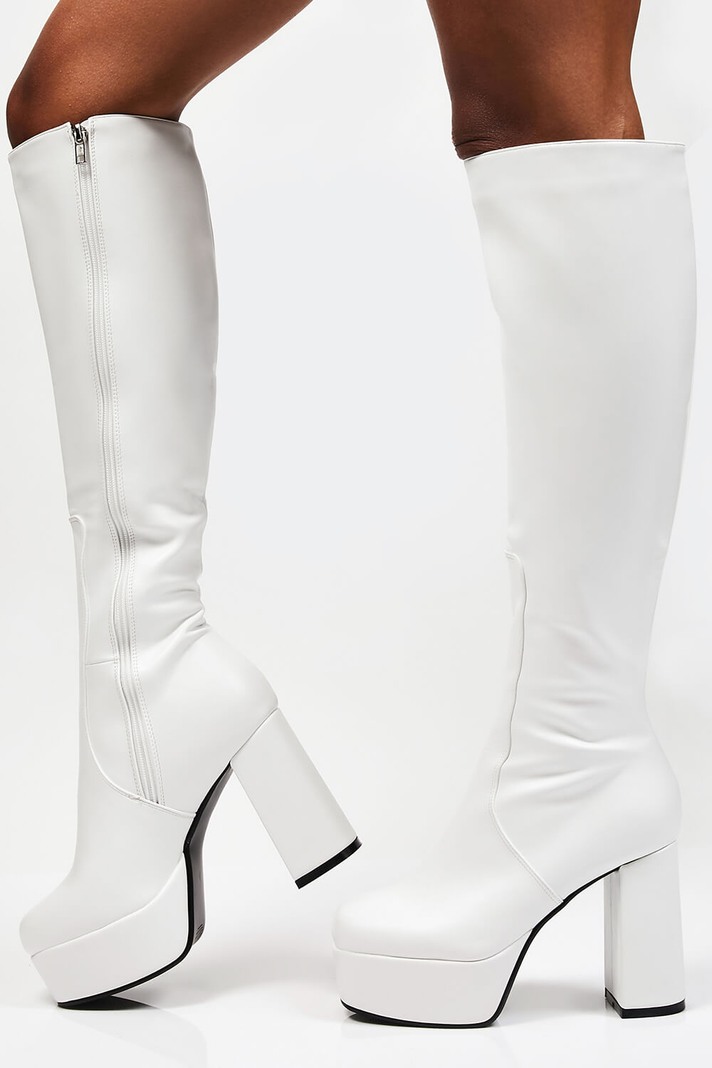 White Chunky Platform Block Heel Knee High Boots – FloralKini