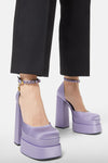 Lilac Satin Patent Square Closed Toe Statement Double Platform Block Heel Boots