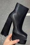 Black Satin Square Toe Double Platform Block Heel Ankle Boots