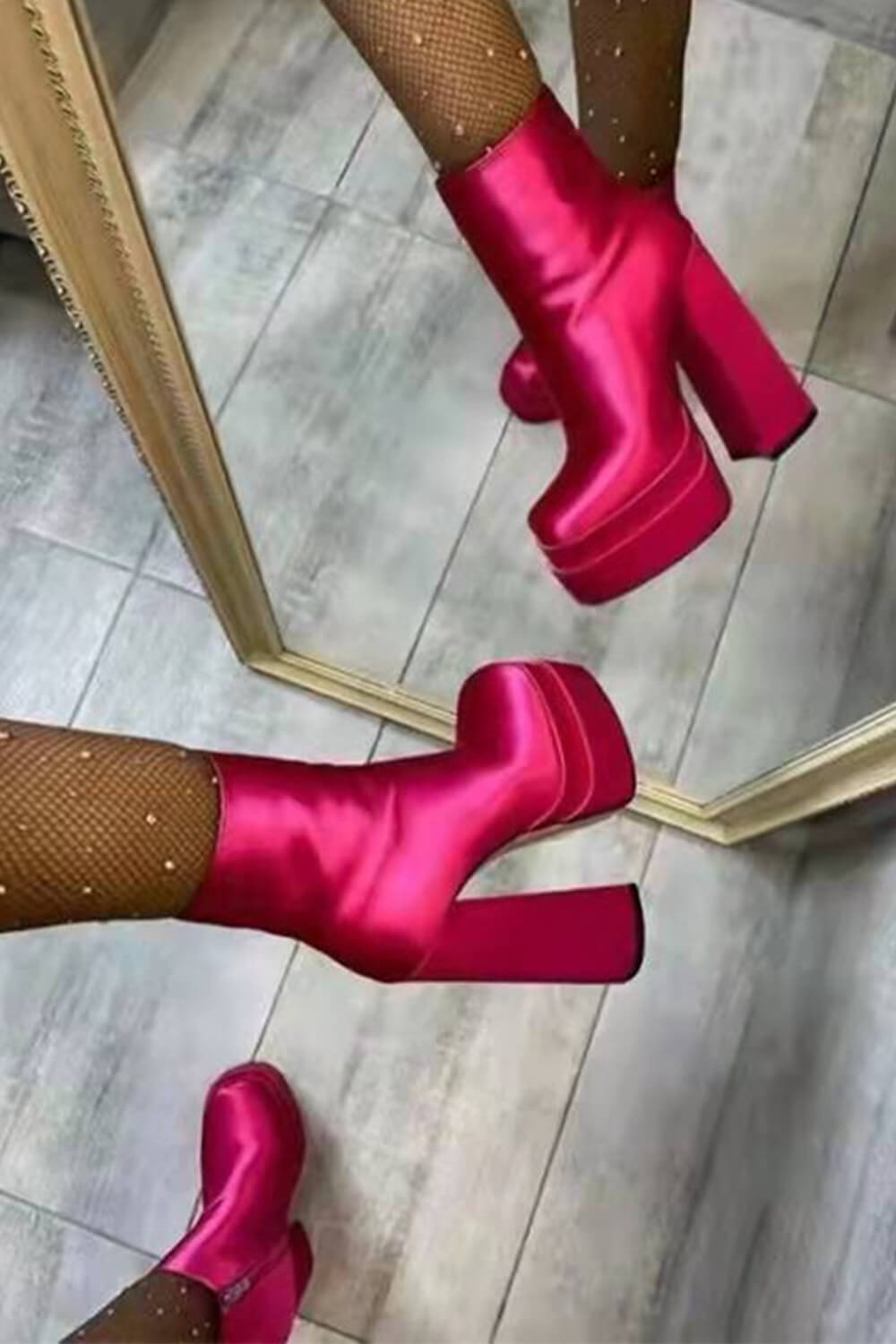 Hot Pink Satin  Square Toe Double Platform Block Heel Ankle Boots