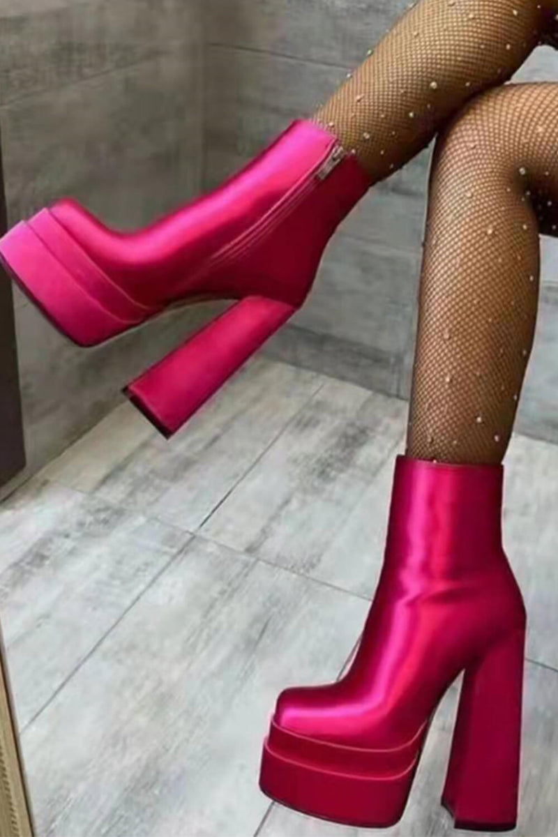 Hot Pink Satin  Square Toe Double Platform Block Heel Ankle Boots