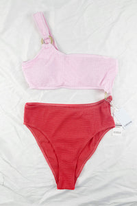 Pink And Red Crinkle Cut-Out One Shoulder One-Piece Swimsuit With Ring Detail