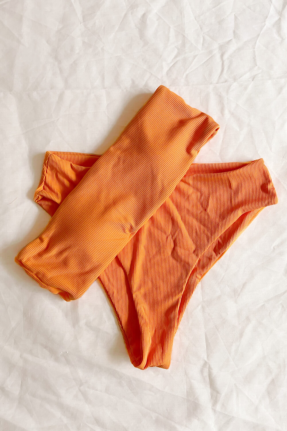 Orange Ribbed Bandeau Strapless Bikini Top