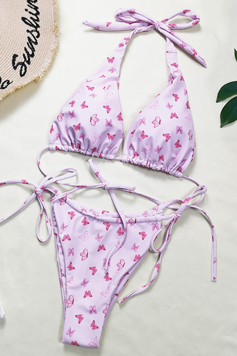 Pink Butterfly Print String Tie Halter Triangle Bikini