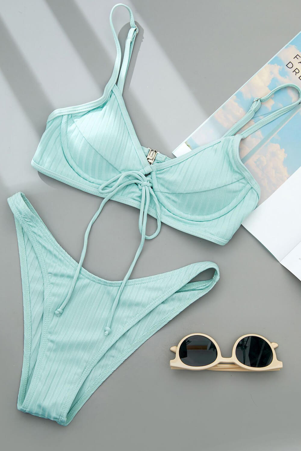 Mint Ribbed Textured Underwired Lace Up Bikini Top
