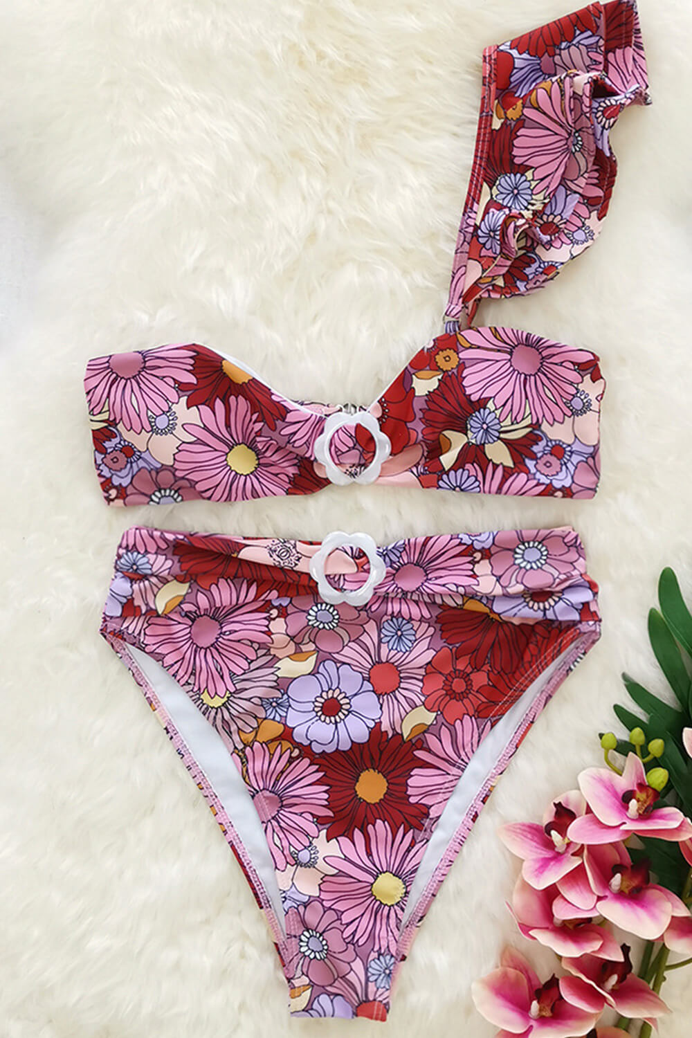 Marsala Floral Ruched High Waisted Bikini Bottoms With Flower Buckle Detail