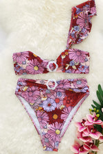 Marsala Floral Ruffle One Shoulder Bikini Top With Flower Buckle Detail