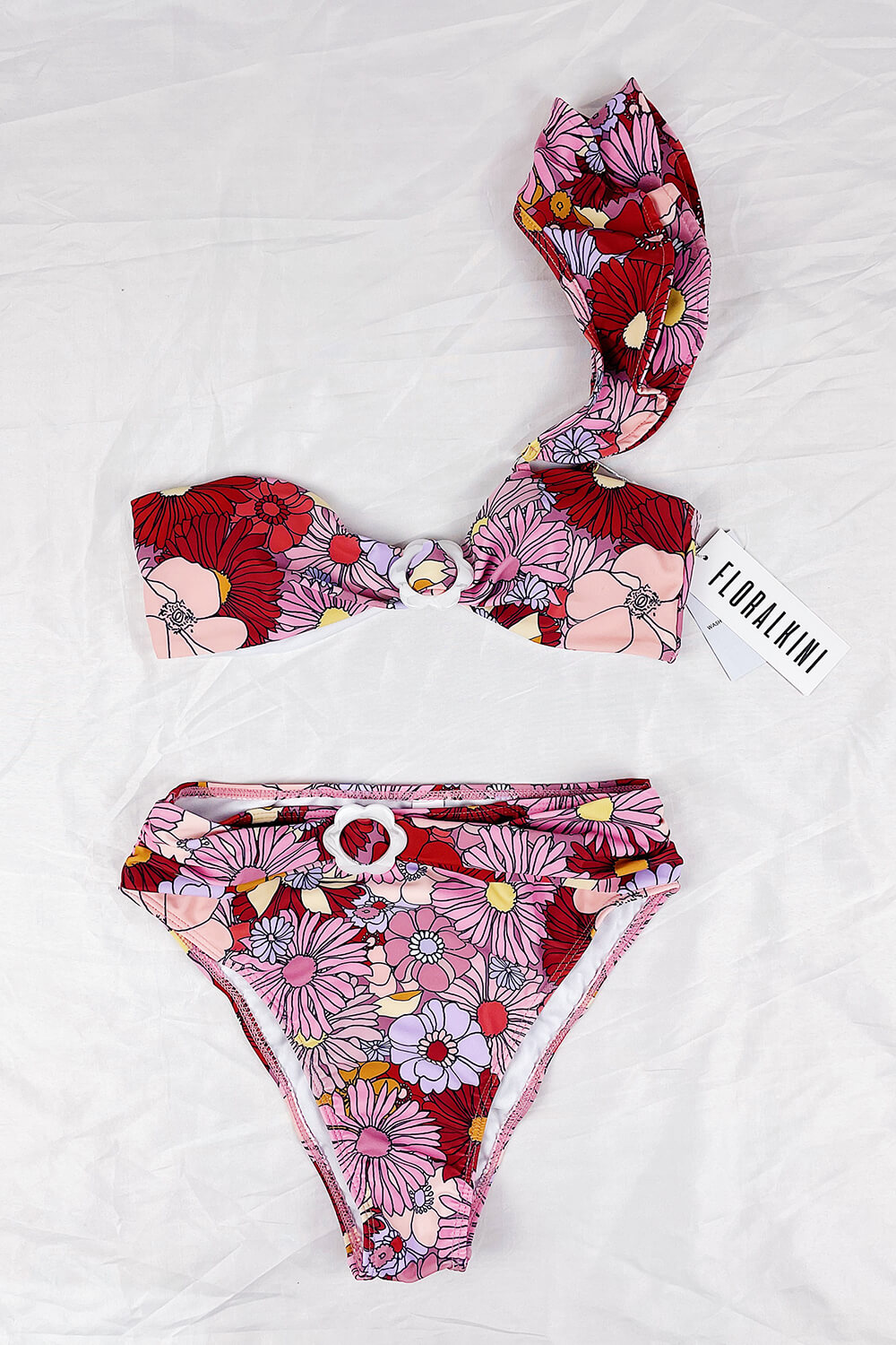 Marsala Floral Ruched High Waisted Bikini Bottoms With Flower Buckle Detail