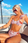 Marsala Floral Ruffle One Shoulder Bikini Top With Flower Buckle Detail