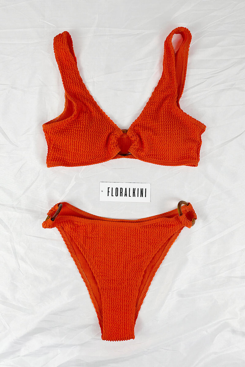Orange Crinkle O-Ring Crop Bikini Top