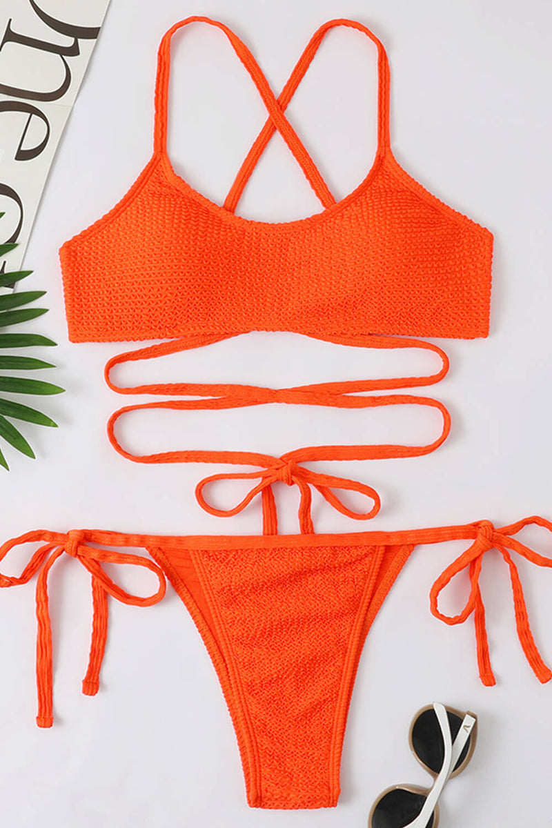 Orange Crinkle Drawstring Tie Side Bikini Bottoms