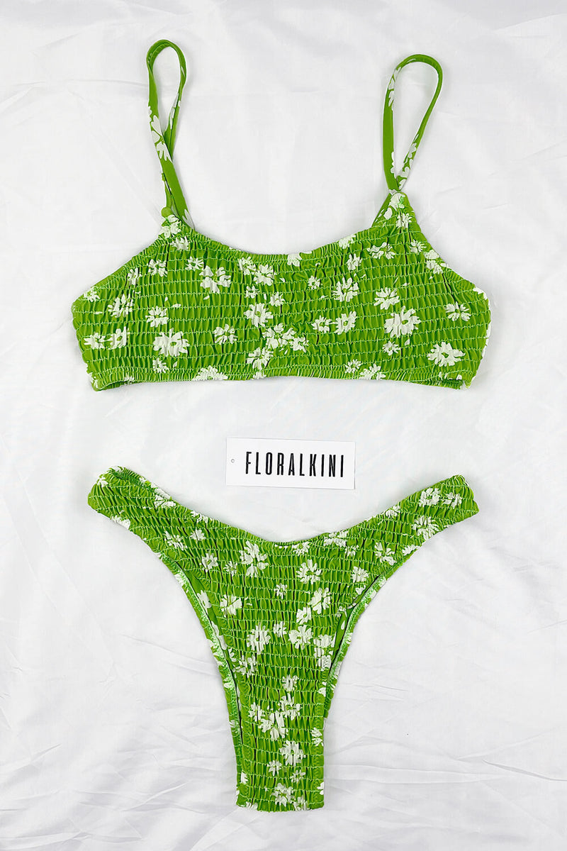 Pale Green Floral Ruched Scoop Crop Bikini Top