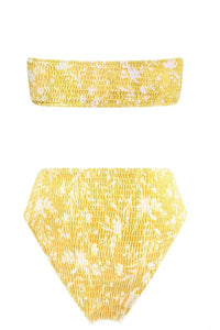 Yellow Floral Ruched Bandeau Bikini Top