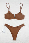 Brown Ribbed Front V Underwire Bikini Top