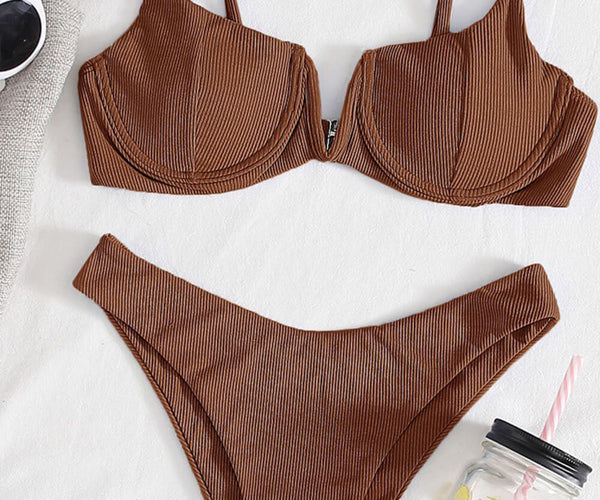 Brown Ribbed Front V Underwire Bikini Top