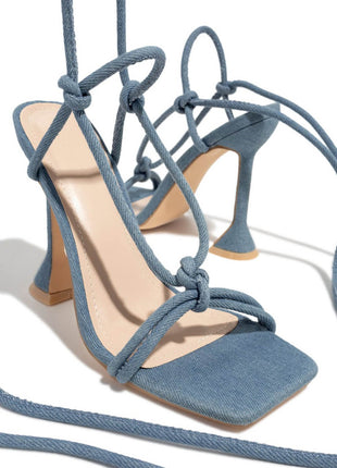Denim Lace Up Square Toe Sculptured Heel