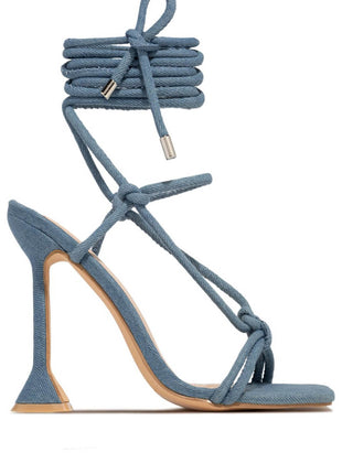 Denim Lace Up Square Toe Sculptured Heel