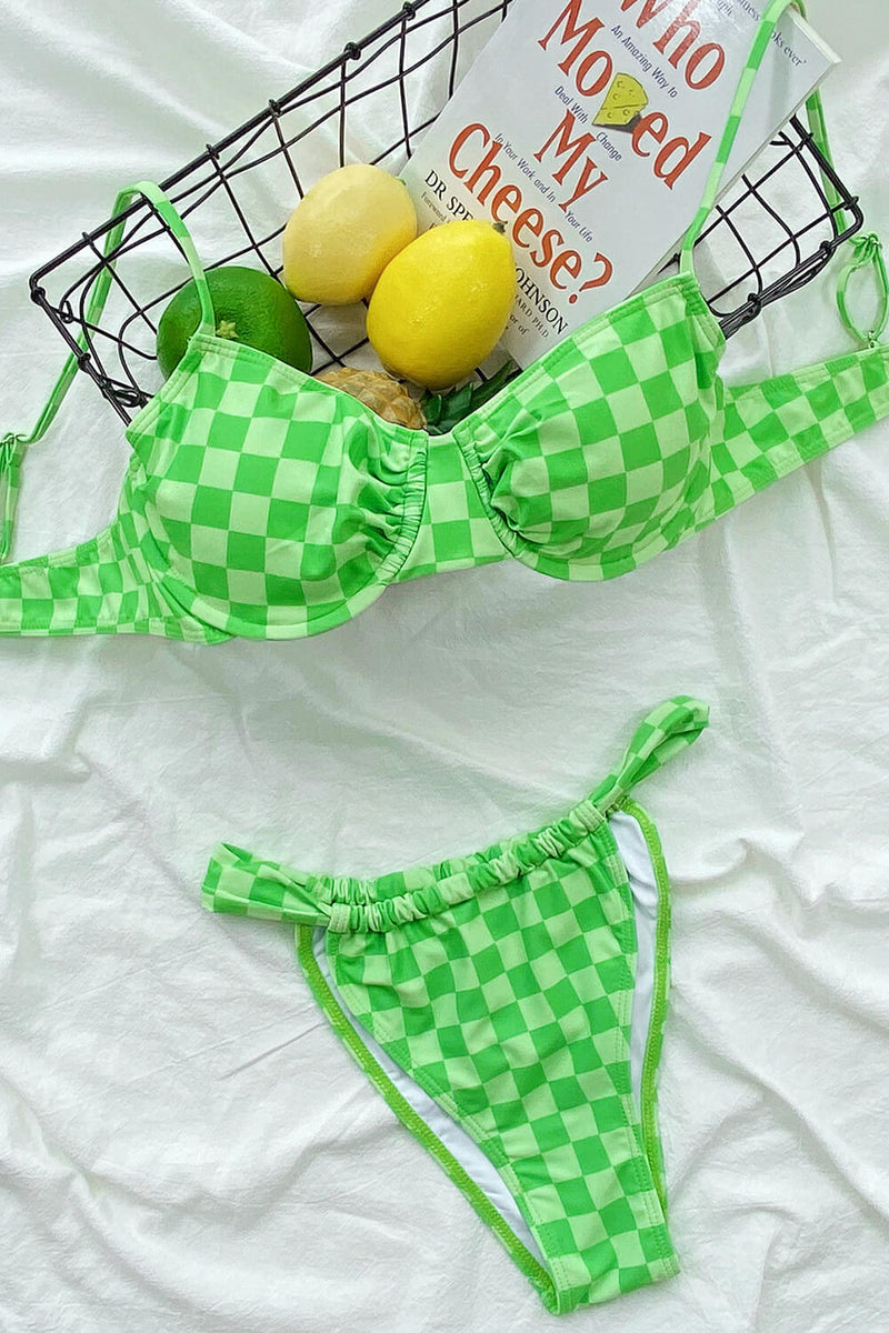 Green Check Print Ruched Brazilian Bikini Bottoms