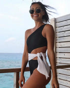 Black White Colorblock Ribbed One Shoulder Tie Side One Piece Swimsuit