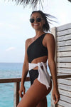 Black White Colorblock Ribbed One Shoulder Tie Side One Piece Swimsuit