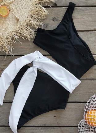 Black White Colorblock Ribbed One Shoulder Tie Side One Piece Swimsuit