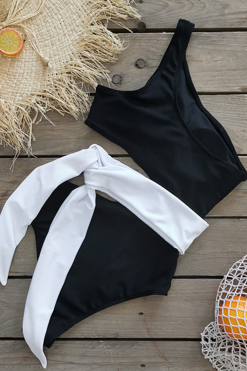 Black White Colorblock Ribbed One Shoulder Tie Side One Piece Swimsuit