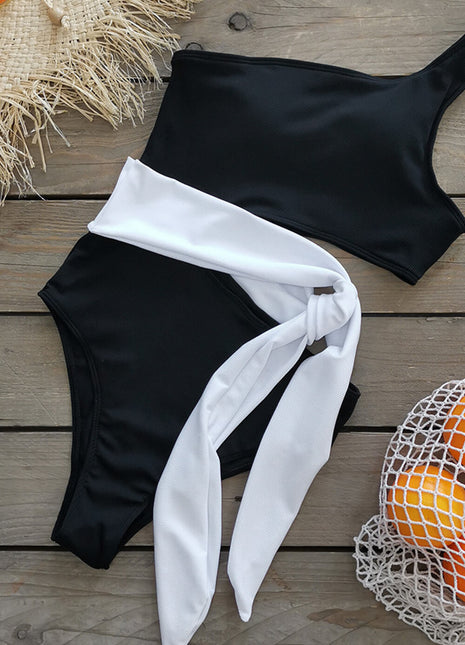 Black White Colorblock Ribbed One Shoulder Tie Side One Piece Swimsuit