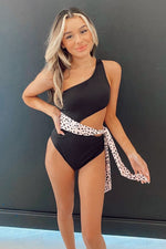 Black Leopard Colorblock Ribbed One Shoulder Tie Side One Piece Swimsuit
