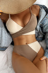 Beige Rib Criss-Cross Colorblock Spliced Bikini Top